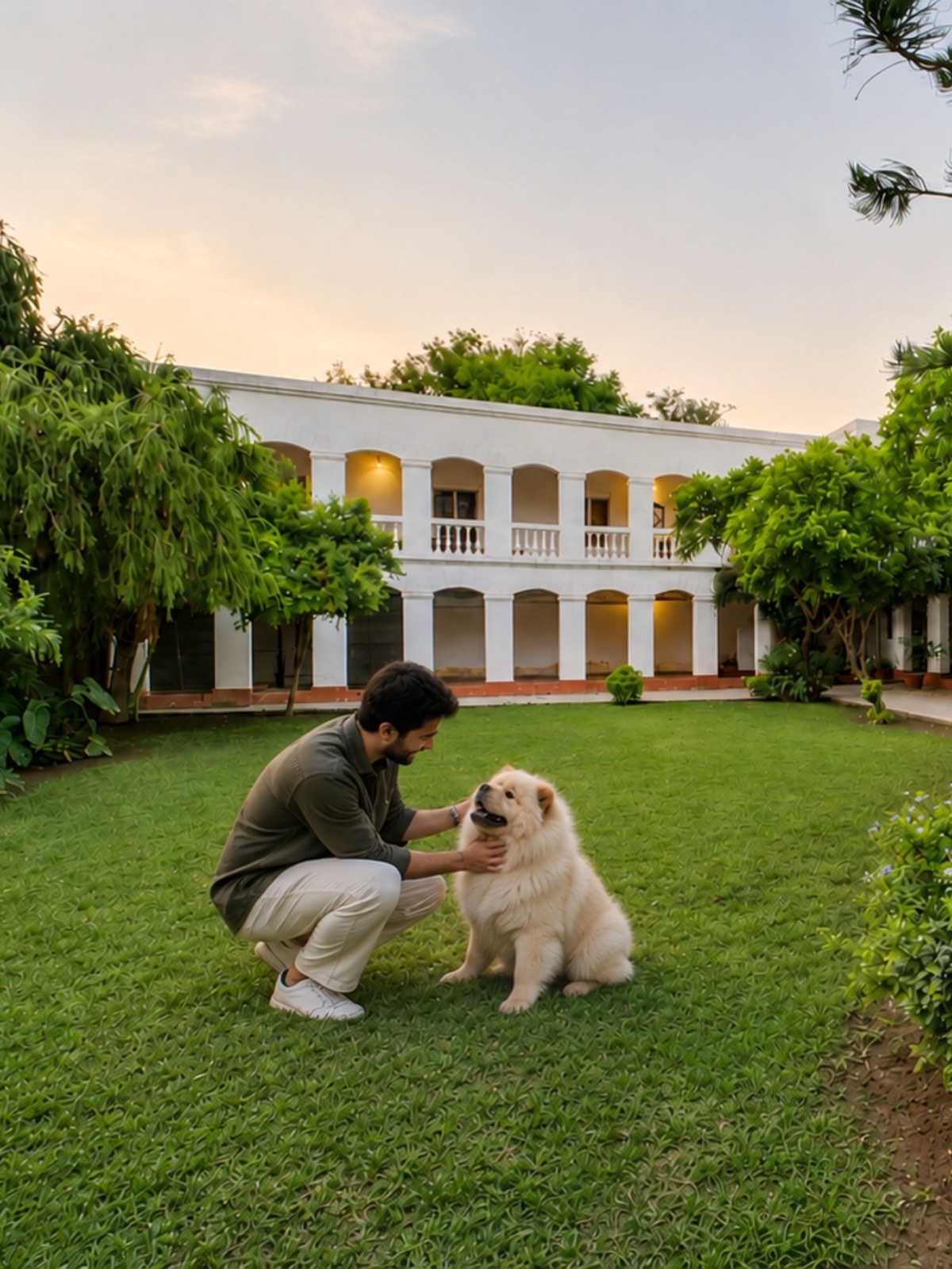 A guest with a dog on the lawn near King's Court at Fort Unchagaon